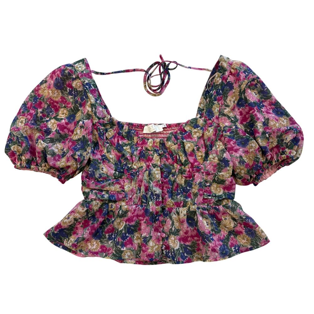 ASTR The Label Pink Floral Corset Peplum Puff Sleeve Top Sma